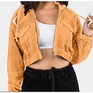 BGD Boxy Crop Corduroy Hoodie Jacket Size Large Khaki 100% Cotton